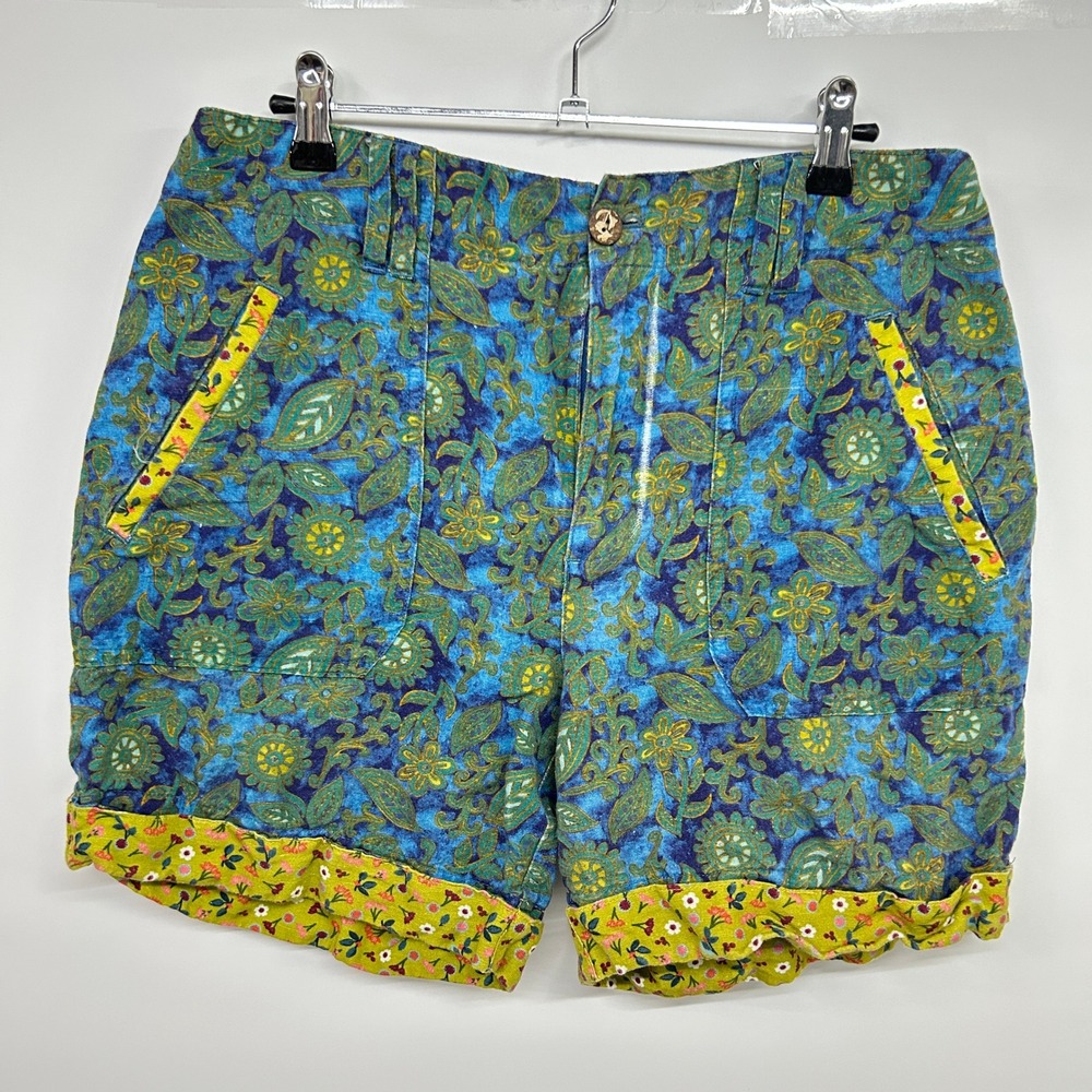 Sundance Floral Paisley Linen Cuffed Shorts Size 6 Blue Boho Coastal Artsy